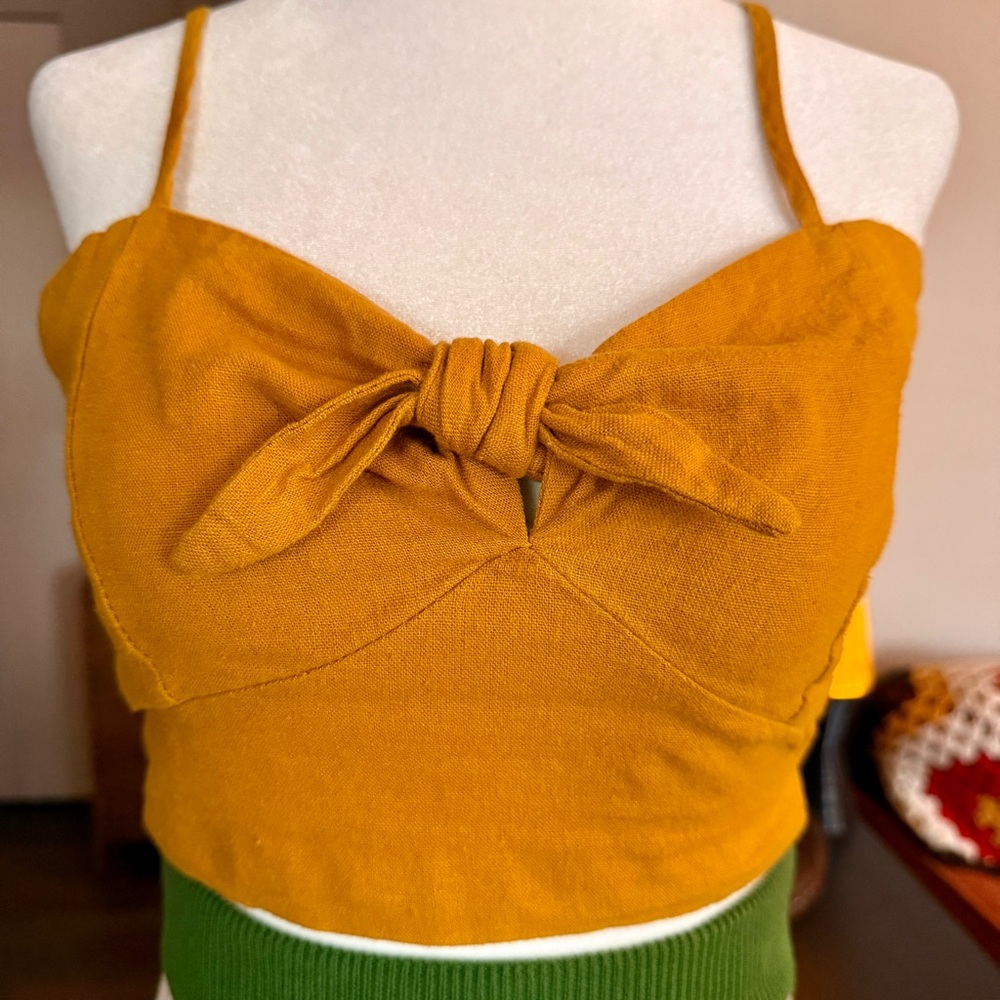 Mustard Yellow Bow-Tie Front Crop Top - Picture 2 of 8